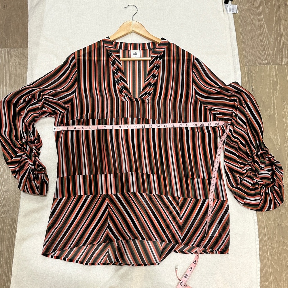 CAbi long sleeved, v-neck, striped sheer pullover‎ blouse. Navy, red, green. - Picture 9 of 12